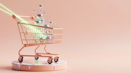 Levitation of a peach porcelain shopping cart with neon laser mesh and overflowing iridescent chrome bubbles. Concept of futuristic consumerism and the weightless luxury of digital retail.