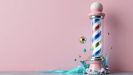 Rose porcelain barber pole leaking aqua-blue mercury and liquid gold through a cracked cylinder. Concept of nostalgic grooming and the fluid luxury of classic aesthetic traditions.