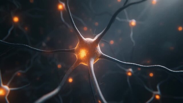 Microscopic view of glowing neuron network synapse activity neural impulse transmission brain