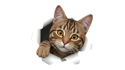 Tabby Cat Peeking Through Torn Paper