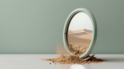 Sage-green porcelain mirror acting as a portal to a dimension of burnt-sienna dust and rusted metallic shards. Concept of hidden grit and the raw contrast between domesticity and desolation.