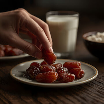 Hand taking date fruit from plate during Sahur breakfast Ramadan