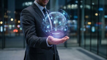 Businessman holding glowing network sphere in city at night symbolizing innovation and technology