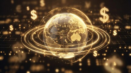 Golden globe with dollar signs and orbits on a dark background symbolizing global finance and economy growth