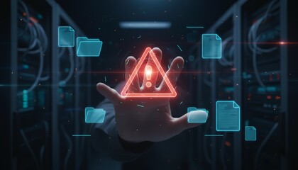 Hand reaching forward. Displaying a prominent red warning triangle with an exclamation mark. Symbolizing a critical system error. Data breach. Or technical issue within a dark server room environment