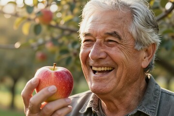 An elderly man laughing in a sunny orchard with a red apple. Concept of healthy aging, simple pleasures, and lifelong happiness.
