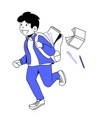 Boy Running with Open Backpack - Colorful Flat Design Illustration