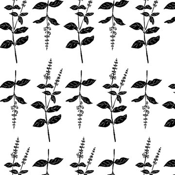 Seamless Monochrome Basil Leaf Pattern Vector