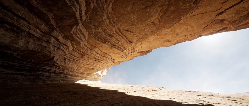 Rock shelter shade under natural rock overhang in desert providing sun protection and heat relief