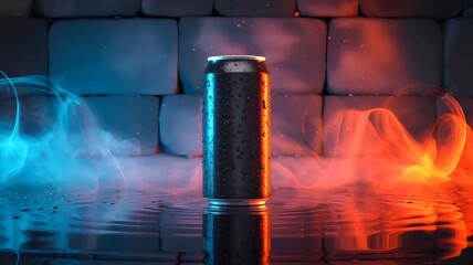Chilled Beverage Can in Fiery and Icy Mist