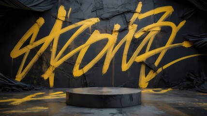Urban Stage with Bold Yellow Graffiti and Dark Podium