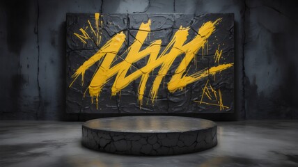 Dynamic Yellow Paint Splatter on Industrial Backdrop with Pedestal