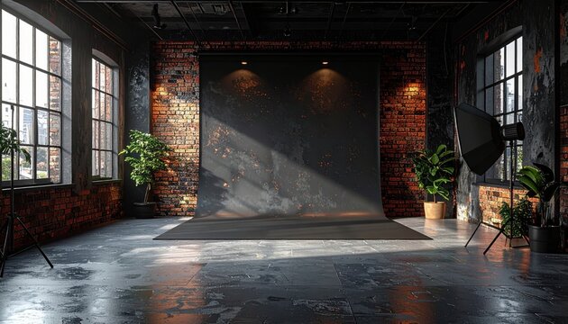 Spacious industrial studio with brick walls, large windows, and professional lighting setup, ideal for photography sessions.