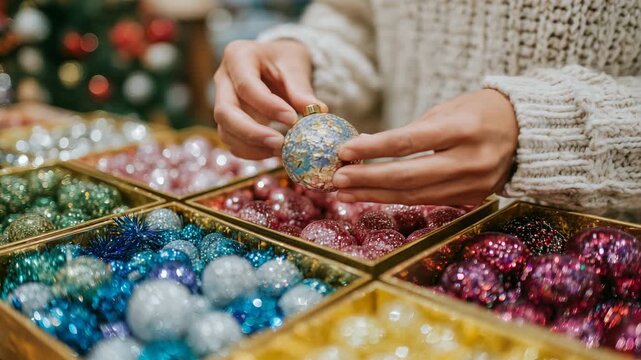 Close-up of a woman organizing leftover New Year decorations into boxes, ornaments and tinsel being placed carefully, colorful textures and neat arrangement in focus