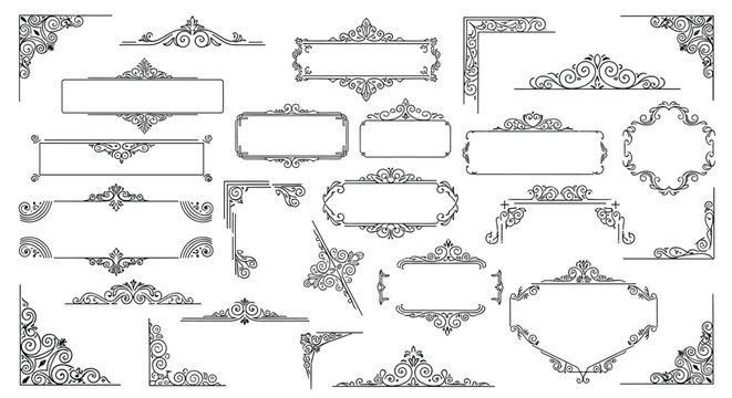 Collection of various ornate black frames and decorative corner borders in vintage and classical styles on white.