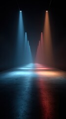 Atmospheric corridor with blue and orange spotlights reflecting on a dimly lit floor