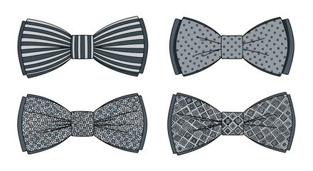 Four stylish patterned bow ties in shades of gray including stripes dots and geometric designs on white background.