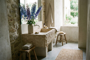 Rustic bathroom interior with natural stone sink and blue delphinium flowers. Minimalist home decor with wooden stools and garden view. Organic spa-like bathroom design