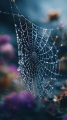 Dew-covered spider web in a tranquil garden setting