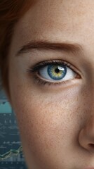 Close-up of caucasian female eye with freckles and blue-green iris, analyzing data