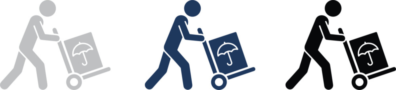 Delivery worker pushing hand truck with fragile package icon set in multiple colors isolated vector illustration design symbols