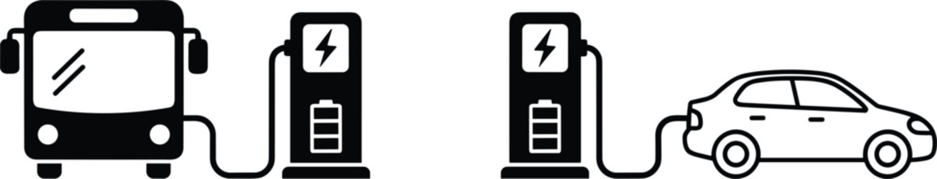 Electric bus and car charging station icons set with vehicles connected to power isolated vector illustration