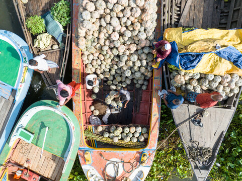 Aerial view of boats laden with goods and people, creating a vibrant mosaic of colors and textures in the heart of the river market, Pirojpur, Barisal Division, Bangladesh.