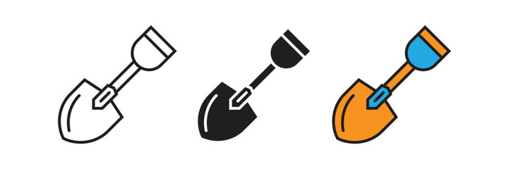 Professional garden shovel vector icon set featuring outline, glyph, and flat color styles for landscaping. © sunaerih