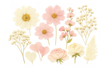 Delicate watercolor flowers creating a romantic floral arrangement, including roses, cosmos, fern, and baby's breath