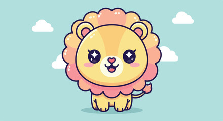 Naklejka premium Kawaii cartoon lion with pink mane standing against a light blue sky with white clouds in a digital illustration.