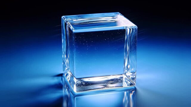 Transparent ice cube on blue gradient background