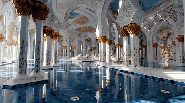 Ornate hall with white arches and a blue tiled pool reflecting the architecture