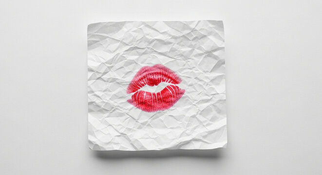 Crumpled tissue with red lipstick kiss mark on white background  