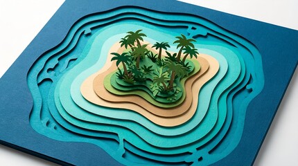 An island landscape with palm trees made of paper
