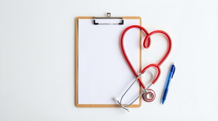 A stethoscope shaped into a heart, laying on a clipboard with a pen, represents healthcare and well-being. The image conveys the essence of caring, compassion, and wellness in a symbolic way