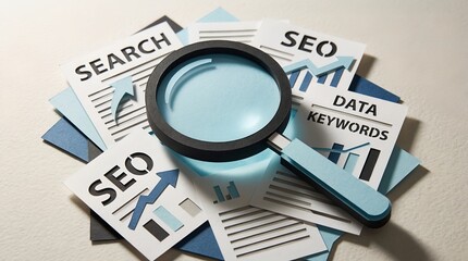 Magnifying glass examines SEO and data keywords on the desk