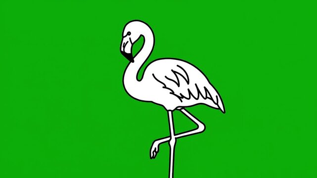 Cartoon animation of white flamingo preening on one leg on a green screen background in motion