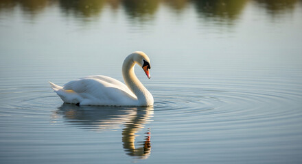 Naklejka premium Swan swimming gracefully on calm water reflecting sunlight 