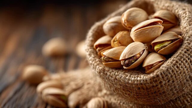 Close-up of shelled pistachios spilling from a rustic burlap sack, textured wooden table beneath, warm natural lighting highlighting creamy green kernels, detailed macro textures e