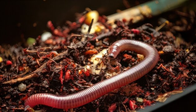 Earthworm crawling on soil, close-up view of worm in dirt.