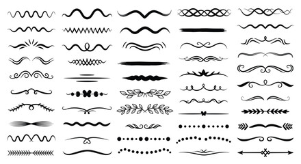 A large collection of hand-drawn text dividers and borders in a vintage black ink style for decorating documents and pages.