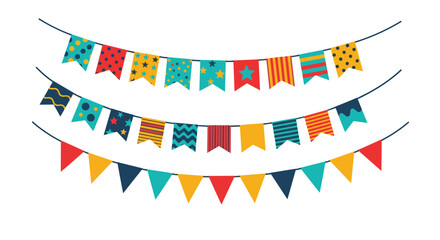 Obraz premium Collection of three festive and colorful bunting flag garlands with various patterns for party and celebration decorations.