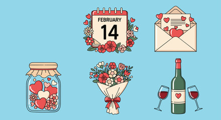 Fototapeta premium Romantic collection of Valentine's Day icons featuring a calendar love letter flower bouquet and wine on a blue background.