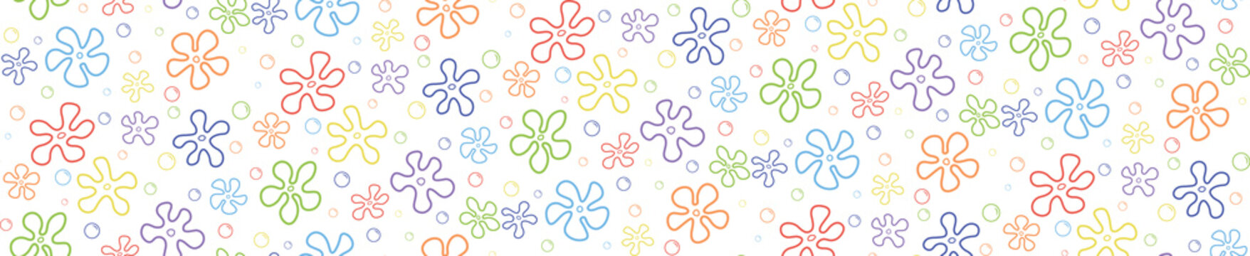 Seamless pattern with colorful flowers and bubbles on white background