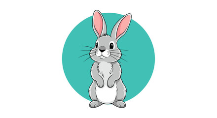 Fototapeta premium Adorable cartoon gray rabbit with large pink ears standing upright against a bright teal circular background on white.