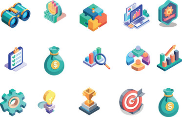 Isometric 3D business and finance icon set including data analytics, strategy, planning concepts.