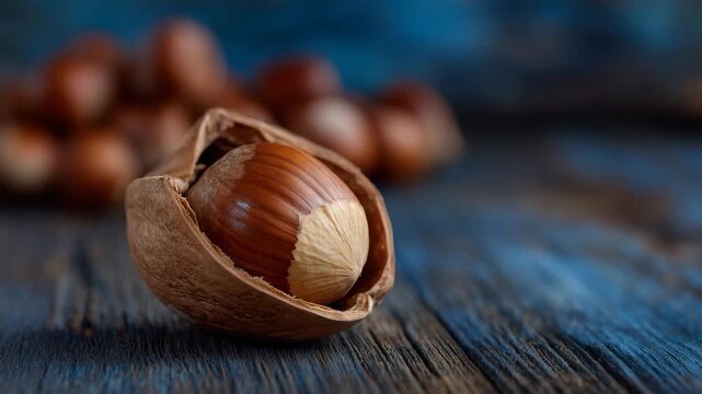 Macro of a single hazelnut, shell and nut visible, placed on a dark wooden surface, shallow depth of field emphasizing natural texture, minimalist food composition