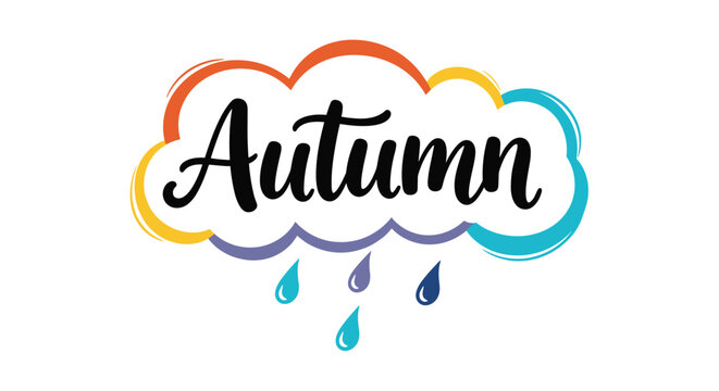 Colorful autumn lettering logo with the word inside a cloud design with raindrops falling below on a white background.