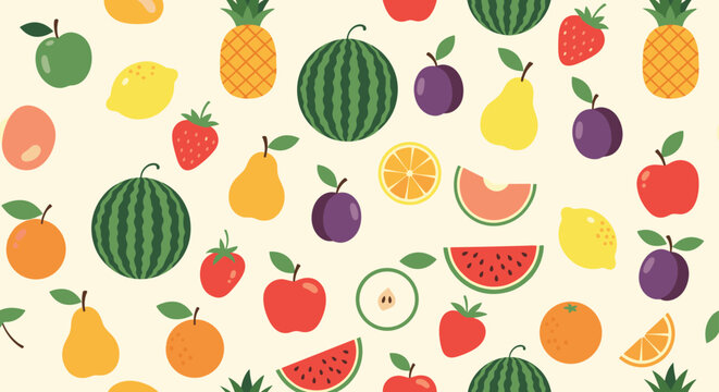 Colorful seamless pattern background with a variety of fresh cartoon fruits including watermelon apple and pineapple.