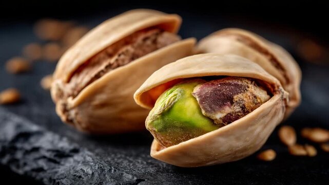 Macro view of a single open pistachio, detailed shell texture and green nut visible, placed on dark slate for contrast, luxurious culinary feel